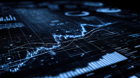 Explore a high-tech visual representation of data, showcasing graphs and charts that depict financial trends and analysis in a sleek digital format.の素材