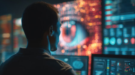 A professional man stands focused in front of vibrant digital screens displaying complex data analysis and an eye graphic, highlighting technology and cybersecurity themes.の素材