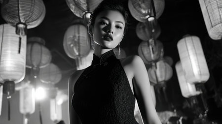 This artistic black and white image portrays a graceful woman in a traditional dress, elegantly posed amidst glowing lanterns, showcasing cultural richness and beauty.の素材