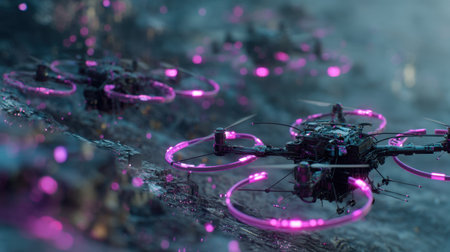 A stunning visual of futuristic drones in flight, featuring vibrant pink lights against a misty backdrop, embodying advanced technology and imaginative landscapes in a captivating sci-fi scene.の素材