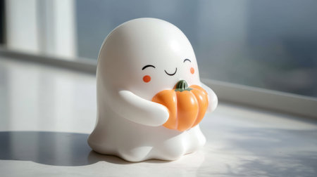 A playful ghost figure joyfully holds a small pumpkin, captured in bright natural light. This charming piece adds a festive touch to any Halloween or autumn decor.の素材