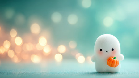 Adorable ghost character clutching a tiny pumpkin, set against a dreamy bokeh background, ideal for Halloween themes, children's decor, and joyful festivities.の素材