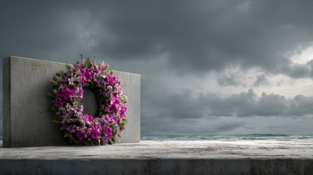 A striking floral wreath of vibrant purple flowers rests on a concrete monument, set against a dramatic cloudy sky with ocean waves, creating a serene moment of reflection.の素材