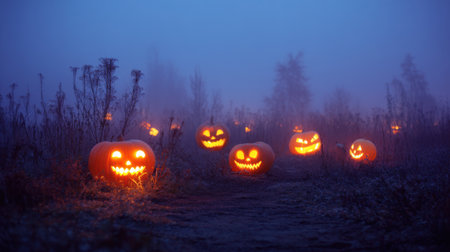 Glowing jack-o'-lanterns illuminate a misty Halloween night, creating a spooky and enchanting atmosphere. Perfect for celebrating autumn traditions and folklore.の素材