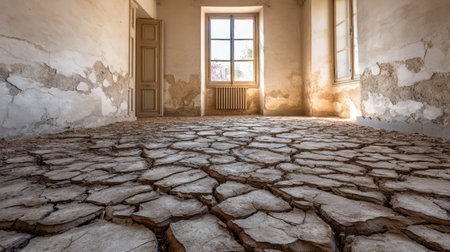 A hauntingly beautiful abandoned room featuring a cracked earth floor illuminated by soft sunlight filtering through a large window, highlighting decay and solitude.の素材