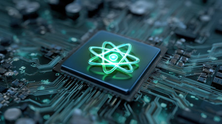 This digital artwork features a futuristic computer chip with a glowing green atom illustration on a detailed circuit board, emphasizing themes of technology and innovation.の素材