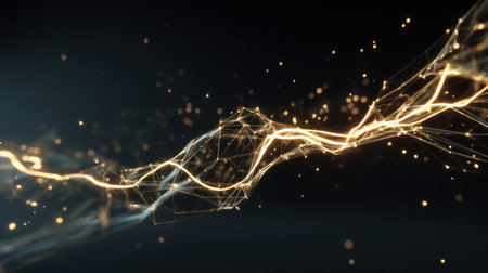 Dynamic and abstract light waves create an energetic visual with glowing particles, showcasing connections that evoke a sense of technology and artistry.の素材