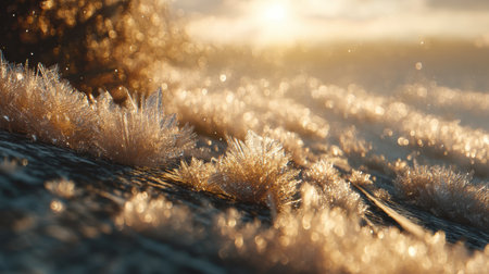 A captivating winter scene featuring frosty grass illuminated by the soft glow of sunlight. The ice crystals create a magical effect, enhancing the beauty of nature.の素材