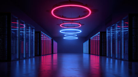 Explore a stunning interior space illuminated by vibrant neon lights in blue and pink. The sleek corridor reflects a modern aesthetic, perfect for tech-related themes.の素材
