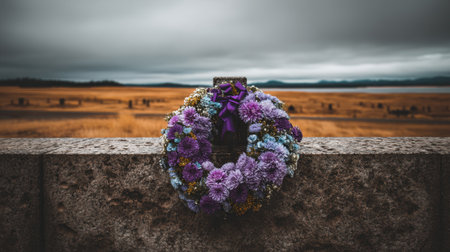 A stunning floral wreath featuring vibrant purple flowers set against a moody cloudy sky and expansive golden grass, creating a peaceful, serene backdrop.の素材