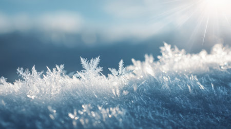 Beautiful snowflakes sparkle in the soft sunlight on a cold winter morning, creating a serene and tranquil outdoor scene with a delicate icy texture.の素材