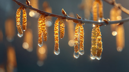 A stunning close-up image showcasing golden flowers adorned with dew drops on a branch. The soft natural light creates a serene atmosphere, perfect for nature lovers.の素材