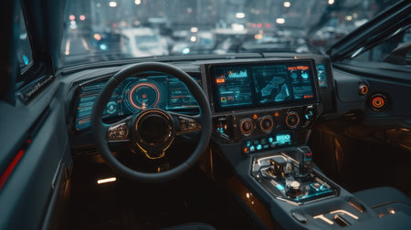 A captivating image capturing the interior of a futuristic car featuring a high-tech dashboard with advanced displays and controls, set against an urban backdrop.の素材