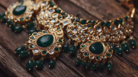 A stunning gold jewelry set featuring rich emerald stones and sparkling crystals, beautifully arranged on a rustic wooden surface, perfect for showcasing elegance and craftsmanship.の素材