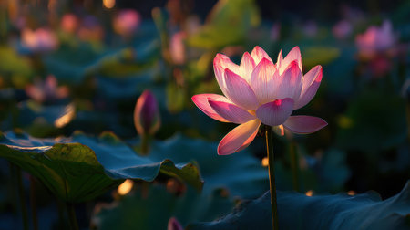 A stunning pink lotus flower emerges from a tranquil pond, softly illuminated by sunlight, surrounded by lush green leaves, showcasing nature's beauty and serenity.の素材