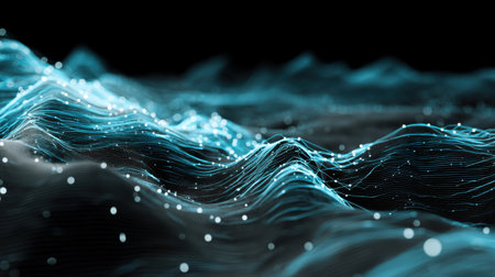This captivating image features flowing digital waves illuminated by glowing particles, creating a mesmerizing visual of innovation and technology in a serene environment.の素材