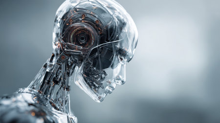 A captivating profile view of a transparent robot head showcasing intricate mechanical components. This image represents the intersection of technology and human aesthetics.の素材