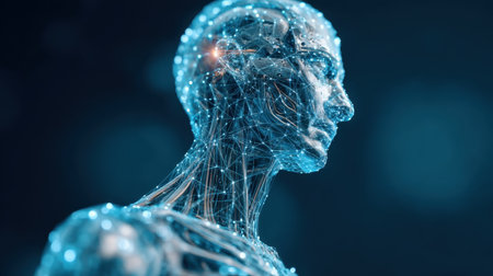 This stunning image showcases a futuristic digital human form, intricately designed with glowing lines and nodes, representing the intersection of technology and human evolution.の素材