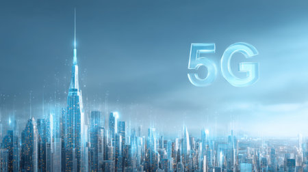 Experience a breathtaking view of a futuristic city skyline featuring digital elements symbolizing 5G technology and connectivity amidst modern architecture.の素材
