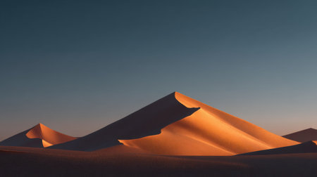 A stunning view of sand dunes illuminated by the warm light of the setting sun, creating soft shadows and showcasing the exquisite beauty of a tranquil desert landscape.の素材