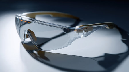 This image features stylish safety glasses with a transparent lens, ideal for both work environments and outdoor activities. Their modern design ensures comfort and protection.の素材