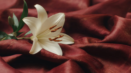 An elegant white lily rests on rich burgundy silk, showcasing soft textures and delicate petals. This arrangement evokes beauty and tranquility in floral decor.の素材