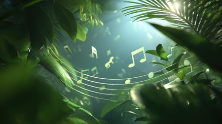 Discover a magical moment where musical notes float amidst vibrant green foliage, creating an enchanting atmosphere in a serene jungle setting illuminated by soft light.の素材