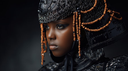 This captivating portrait features a young woman adorned in an intricate headdress with beads, showcasing cultural richness and artistic beauty in a dramatic light environment.の素材