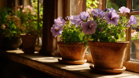A serene scene featuring beautiful purple petunia flowers in terracotta pots, basking in sunlight along a window sill, creating a cozy and charming indoor atmosphere.の素材