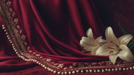 A stunning arrangement featuring luxurious silk fabric draped gracefully alongside delicate white lilies, creating a rich and elegant atmosphere perfect for any decorative need.の素材