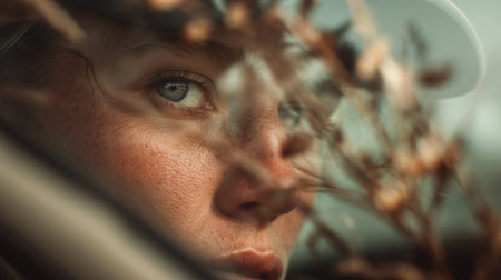 A striking close-up captures a young woman's intense gaze through a car window, surrounded by nature. The image evokes emotions and highlights the connection between human and environment.の素材