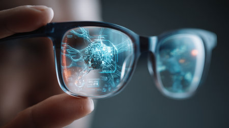 Close-up view of glasses showcasing a reflection of digital technology. This image illustrates innovation and futuristic design, emphasizing modern advancements in eyewear.の素材