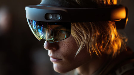 A close-up portrait of a young individual wearing advanced augmented reality glasses. The thoughtful expression combined with modern technology highlights innovation and creativity.の素材