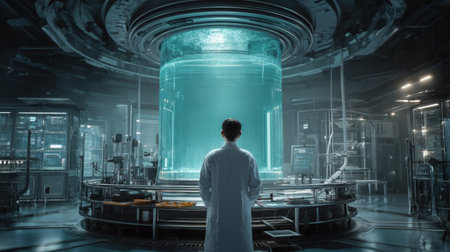 A scientist stands in a modern laboratory, observing a large transparent tank filled with clear liquid. The high-tech environment emphasizes innovation and research potential.の素材