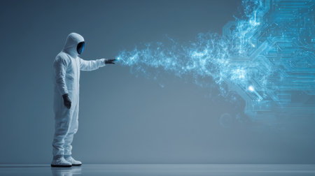A futuristic figure in a white suit interacts with glowing digital circuitry, embodying innovation and technology in a sleek high-tech environment.の素材
