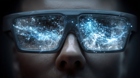 This striking image features futuristic eyewear displaying a vibrant augmented reality interface, highlighting digital galaxy effects in a captivating dark environment.の素材