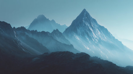 Discover a breathtaking mountain landscape bathed in soft blue tones at dawn, featuring misty peaks that evoke serenity and adventure in the great outdoors.の素材