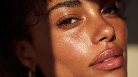 This captivating portrait showcases a young woman with exquisite freckles, soft makeup, and a radiant glow, beautifully illuminated by warm sunlight, highlighting her charm.の素材