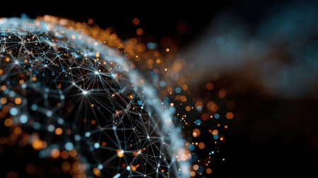 This stunning abstract image features a digital globe composed of interconnected lines and glowing particles, symbolizing technology, data, and the future of communication.の素材