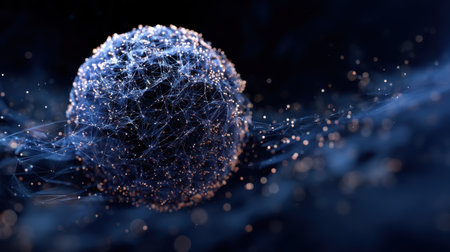 A stunning abstract visualization featuring a glowing sphere made of interconnected lines and points, set against a dark background, symbolizing technology and network dynamics.の素材