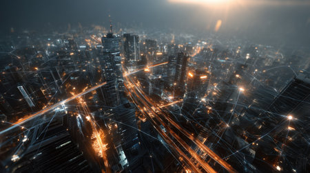 Stunning aerial view of a vibrant city at night, featuring illuminated skyscrapers and intricate connections that symbolize technological advancement in urban settings.の素材