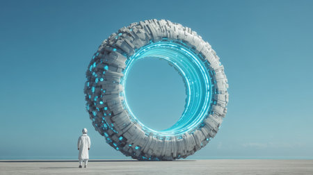 A captivating scene featuring a futuristic portal with bright blue lights in a stark landscape, showing a figure in white attire marveling at the advanced design.の素材