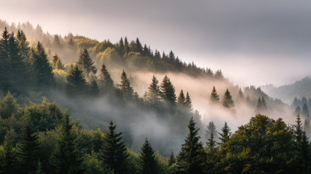 A captivating early morning view of a misty forest landscape, featuring dense evergreen trees enveloped in soft fog, conveying tranquility and natural beauty.の素材