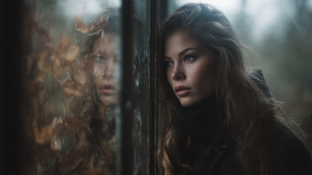 A young woman stands thoughtfully by a rain-covered window, her reflection merging with autumn leaves, capturing a moment of solitude and beauty in nature.の素材