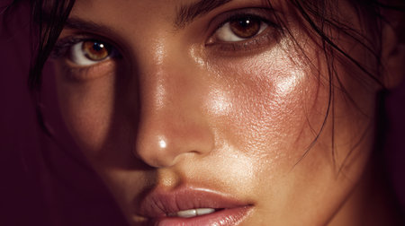 A stunning close-up portrait of a young woman showcasing radiant skin and expressive brown eyes, captured beautifully with soft lighting for an emotional effect.の素材