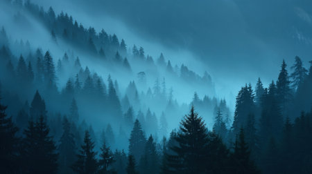 Experience a captivating view of a misty forest shrouded in soft blue tones, where evergreen trees rise majestically amidst the tranquil fog during the serene morning.の素材