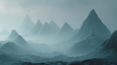 Explore the serene beauty of a misty mountain landscape featuring soft peaks and gentle fog, creating a tranquil atmosphere ideal for relaxation and inspiration.の素材