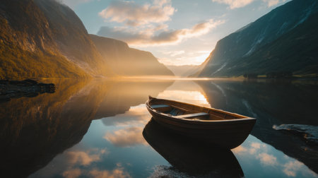 A peaceful scene featuring a single wooden boat anchored on a calm lake, surrounded by stunning mountains. Soft sunlight illuminates the landscape at dawn, creating a serene atmosphere.の素材