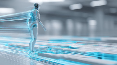 A captivating humanoid robot stands dynamically in a modern setting, surrounded by vibrant blue light trails, symbolizing innovation and advanced technology in motion.の素材