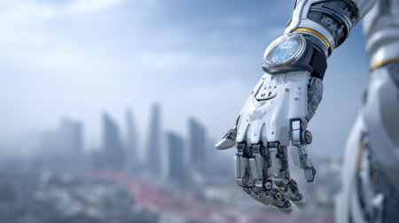 This image features a close-up of a robotic hand with a digital interface set against a blurred city skyline, showcasing the merge of technology and urban life.の素材